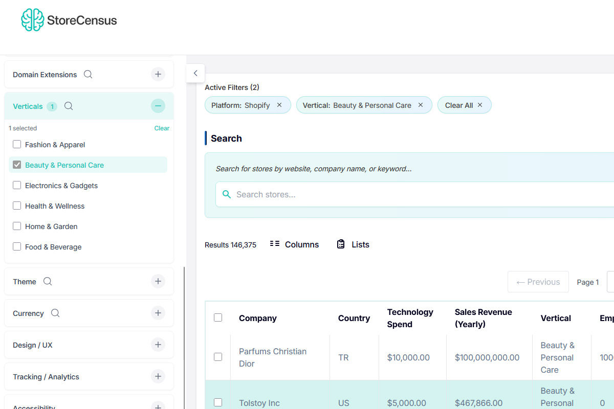 StoreCensus Filter Interface