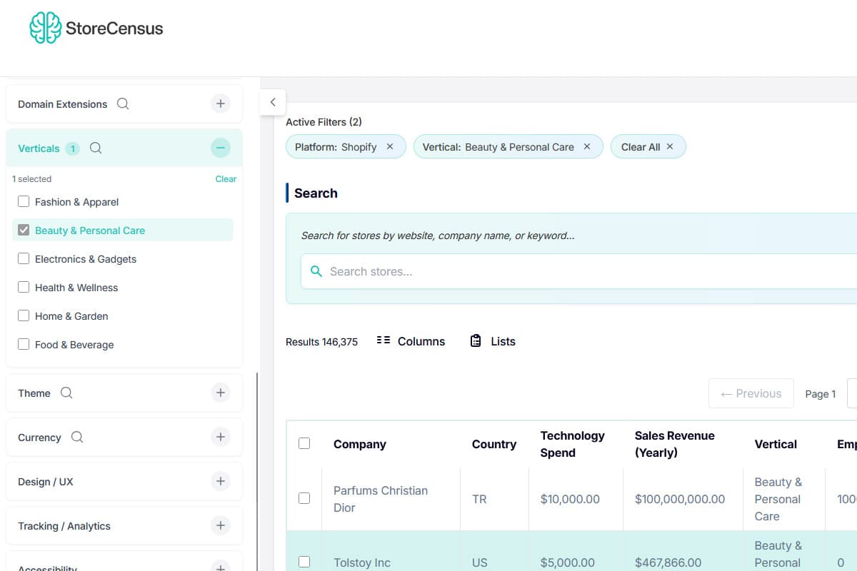 StoreCensus demo showing store filtering and data export